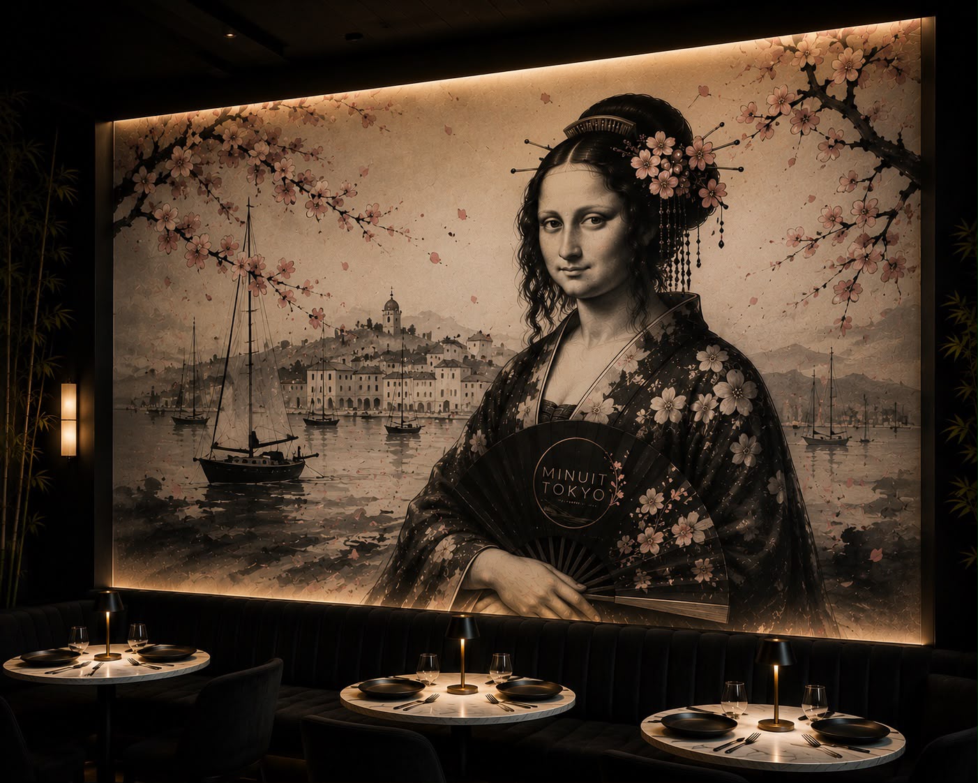 Signature mural at Minuit Tokyo — a Riviera geisha beneath cherry blossom